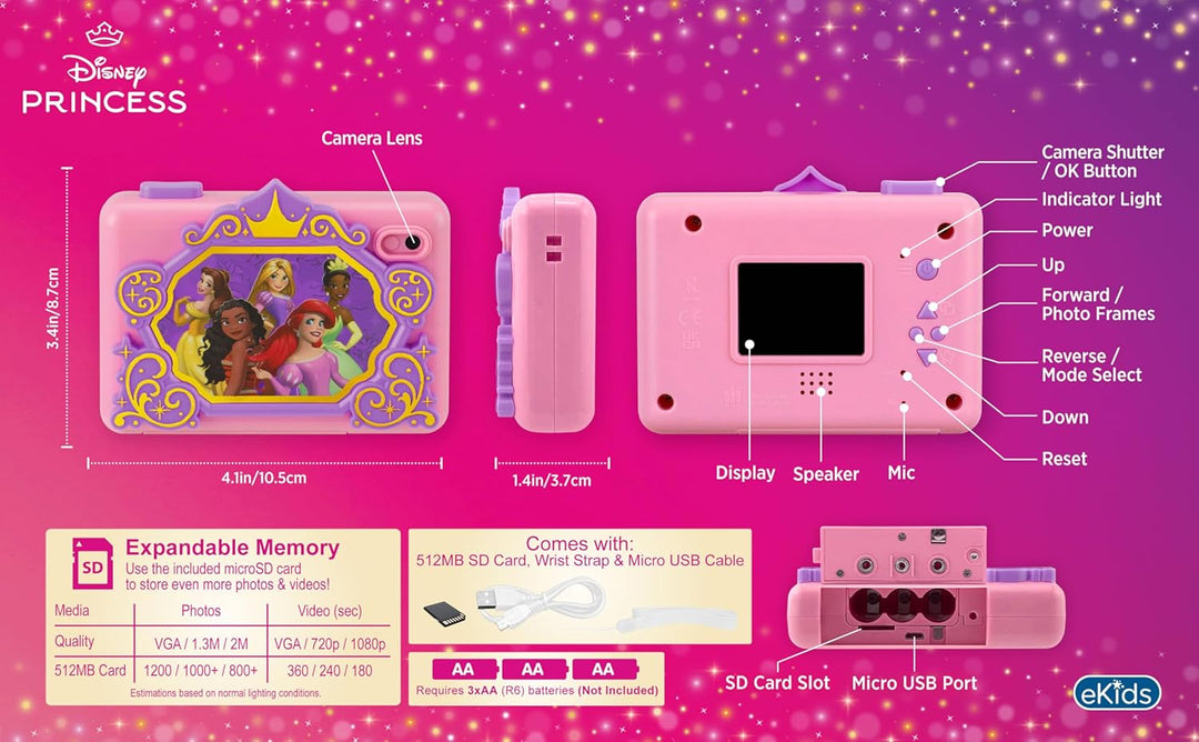 ekids Disney Princess - Cámara para niños con tarjeta SD, cámara di...