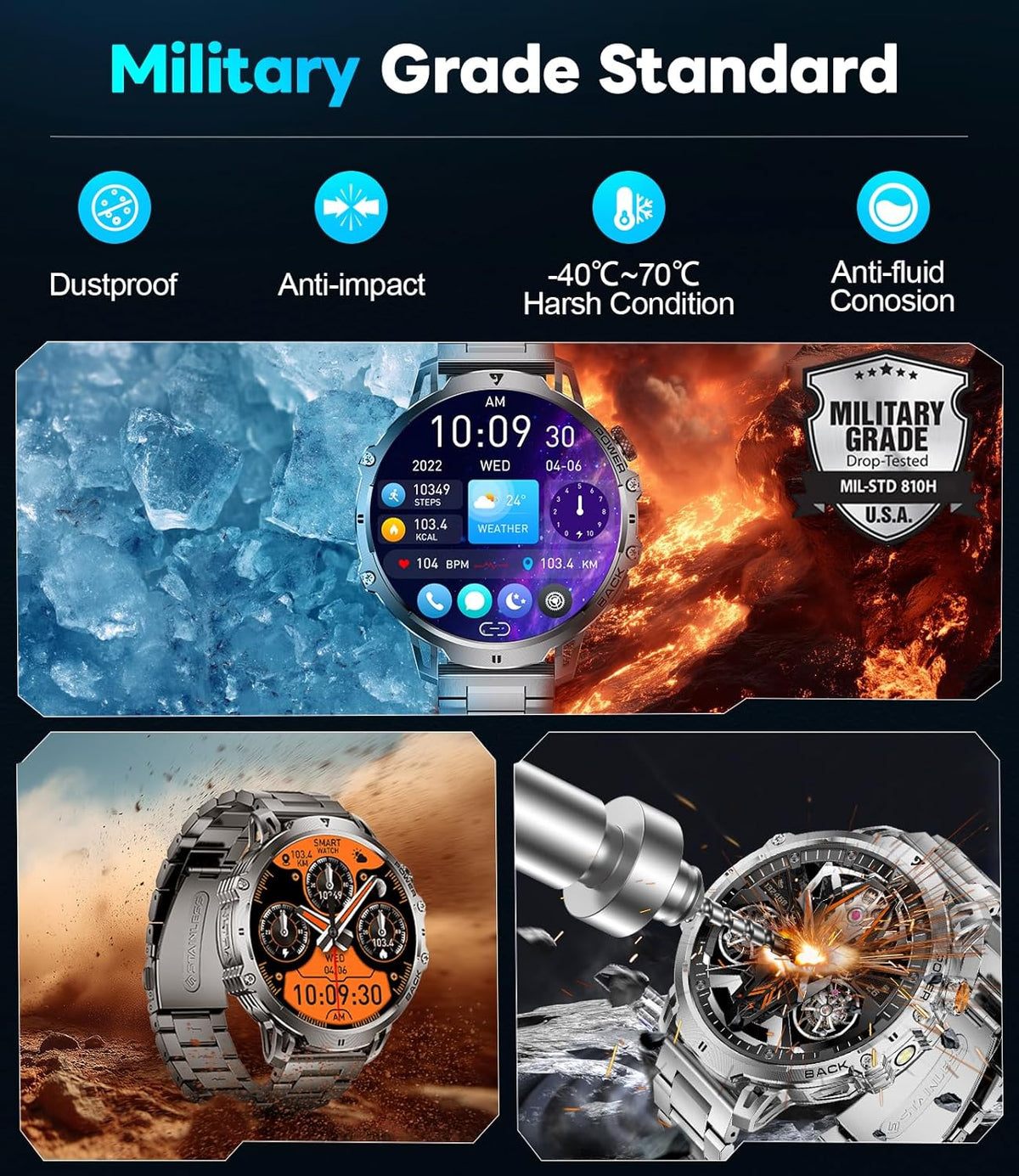 LIGE Relojes inteligentes militares para hombre (2 bandas), reloj inteligente de pantalla grande HD de 1000 mAh/1.85 pulgadas, linterna/más de 110 modos deportivos/monitor de sueño, reloj de