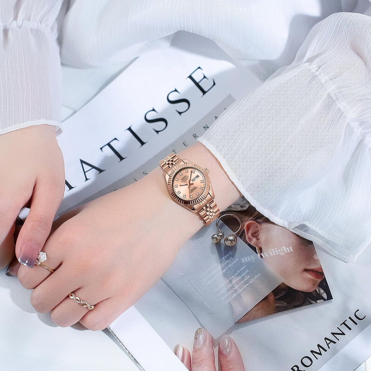 NIBOSI Relojes para mujeres, reloj analógico de cuarzo, esfera de acero inoxidable con día y fecha, luminoso, impermeable, elegante, clásico, de diamante, lujoso, para muñecas pequeñas