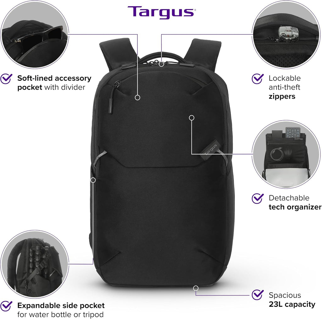 Targus Mochila Work+ EcoSmart de 15 a 16 pulgadas, organizador técnico desmontable, cremalleras con cerradura, materiales reciclados, capacidad de 23 litros, bolsillo para botella de agua, diseño