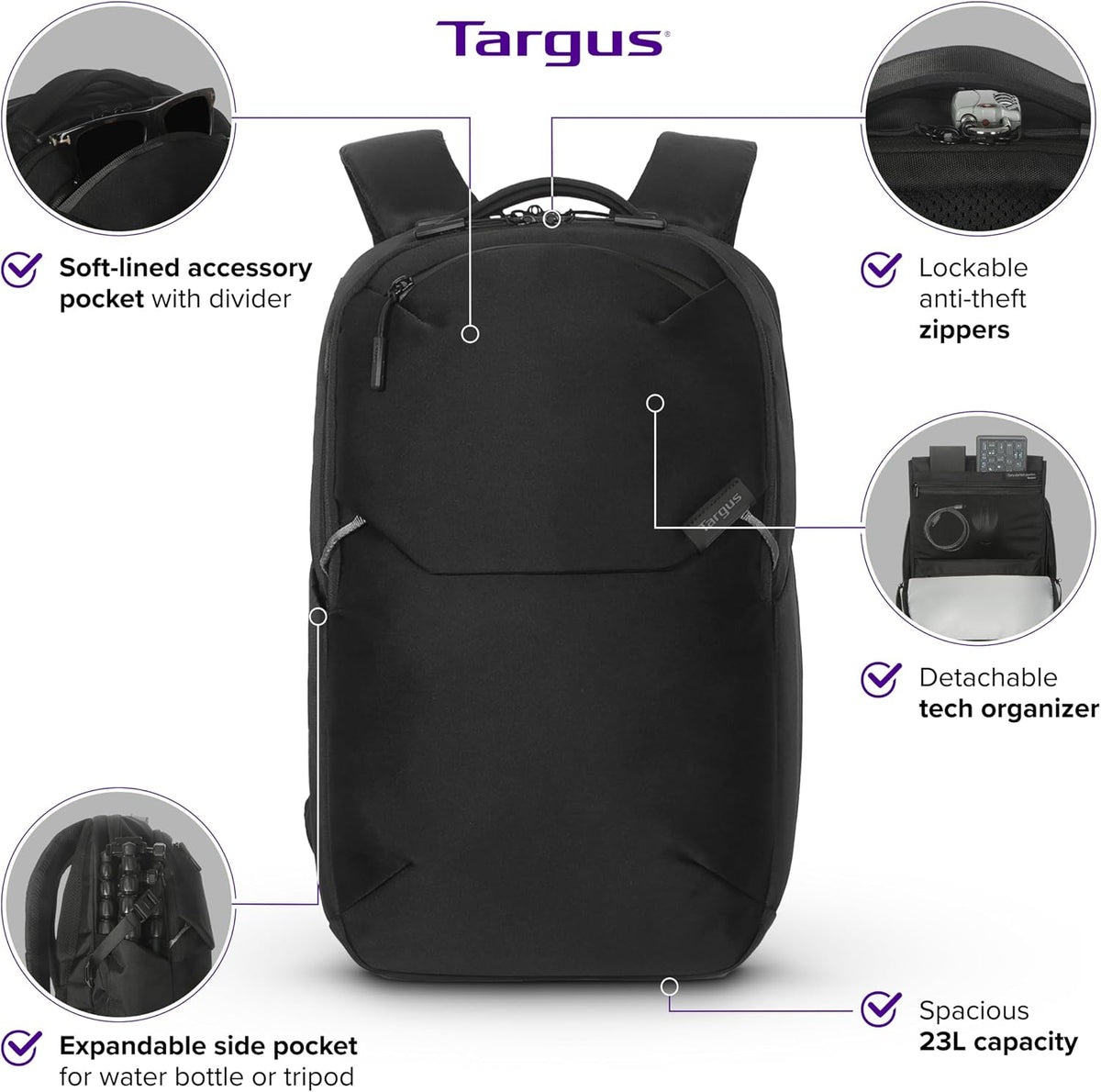 Targus Mochila Work+ EcoSmart de 15 a 16 pulgadas, organizador técnico desmontable, cremalleras con cerradura, materiales reciclados, capacidad de 23 litros, bolsillo para botella de agua, diseño