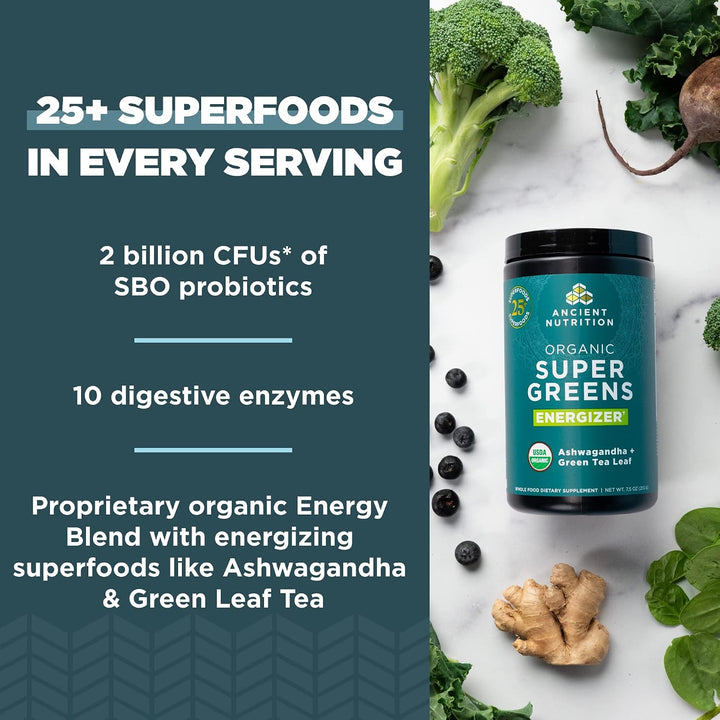 Ancient Nutrition Polvo energizante orgánico SuperGreens con probió...