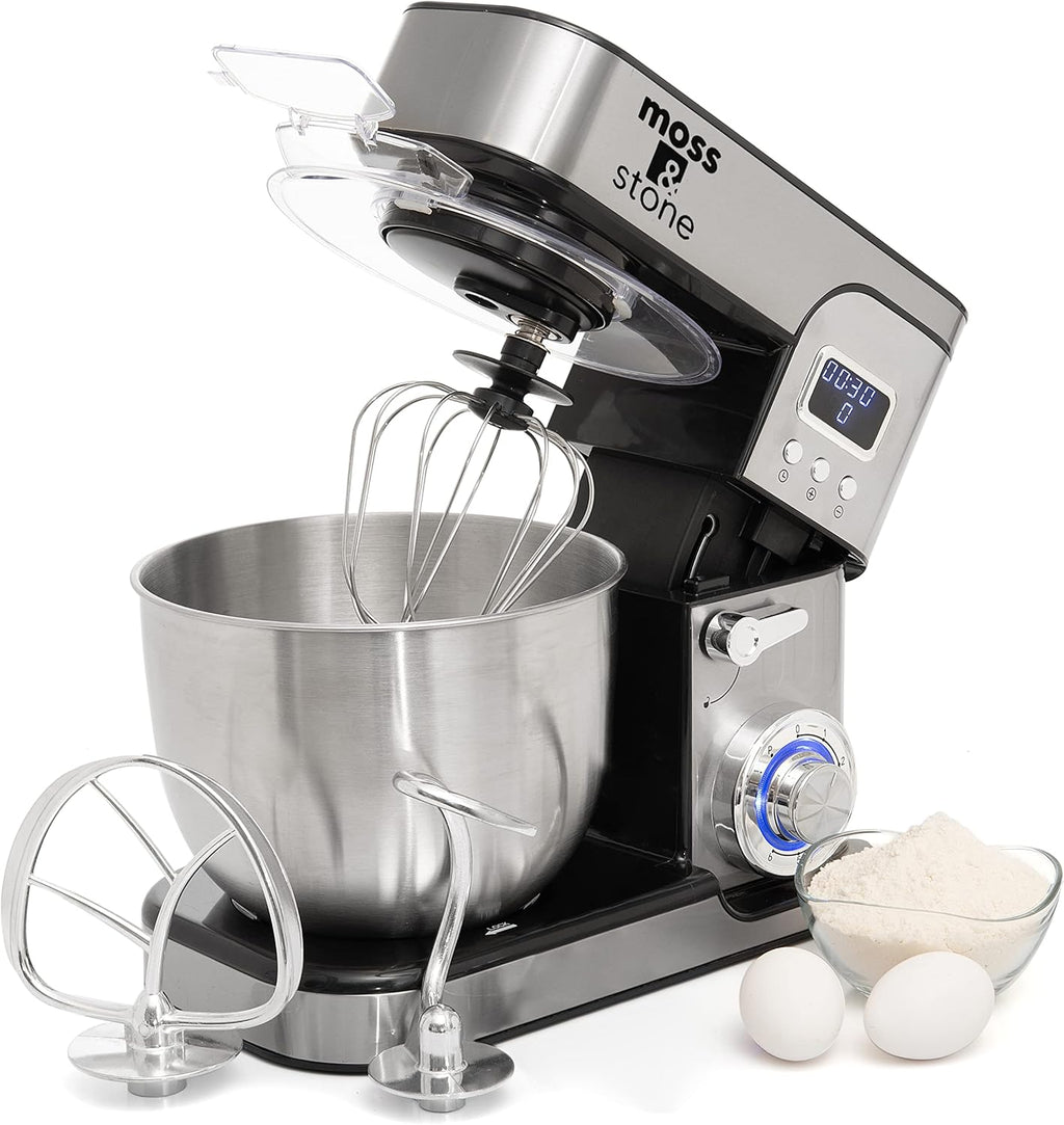 Mezclador de pie Moss & Stone con pantalla LCD, mezclador eléctrico de 6 velocidades con tazón de mezcla de acero inoxidable de 5.5 cuartos, mezclador de cocina con gancho para masa, batidor de huevos