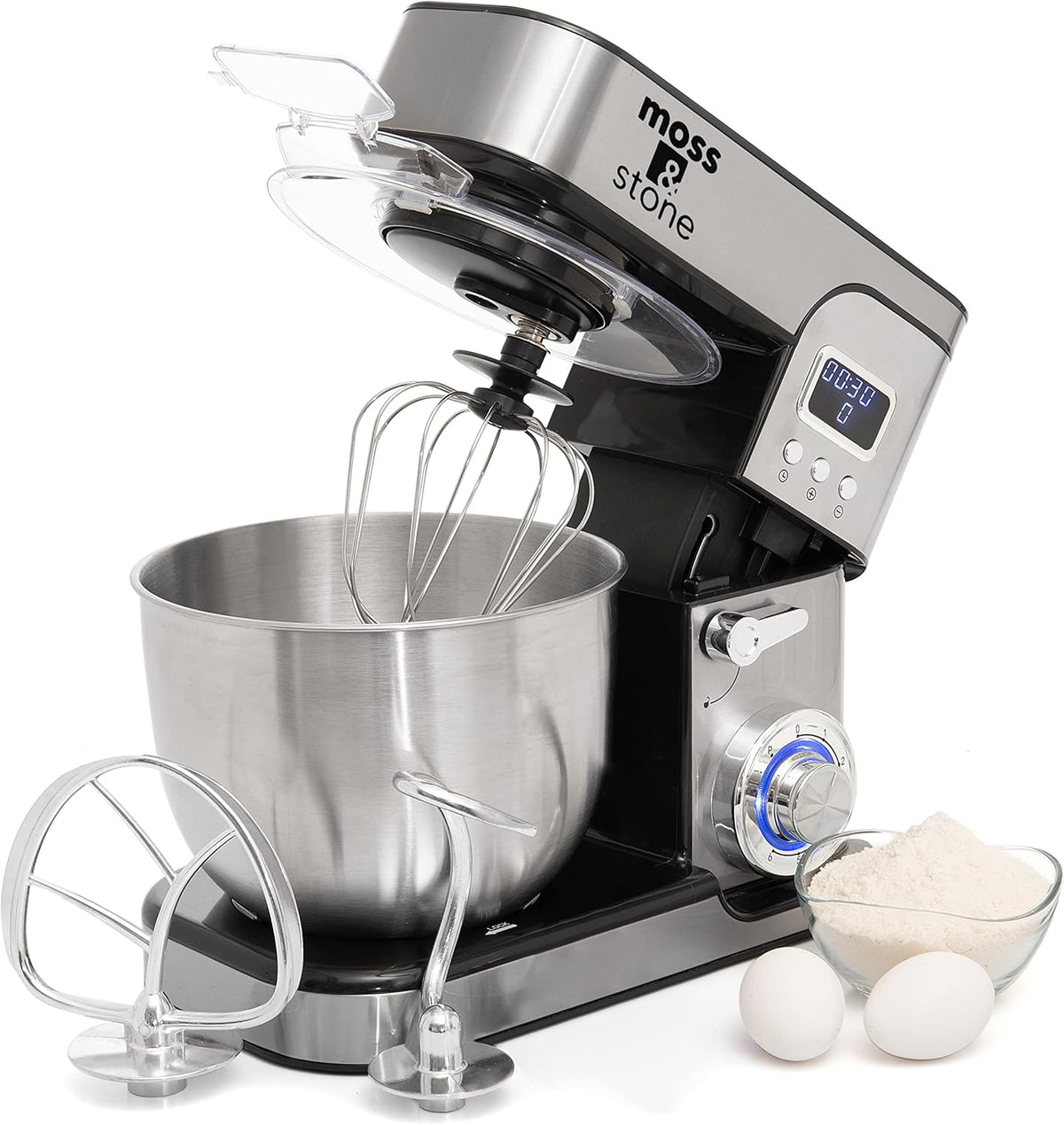 Mezclador de pie Moss & Stone con pantalla LCD, mezclador eléctrico de 6 velocidades con tazón de mezcla de acero inoxidable de 5.5 cuartos, mezclador de cocina con gancho para masa, batidor de huevos