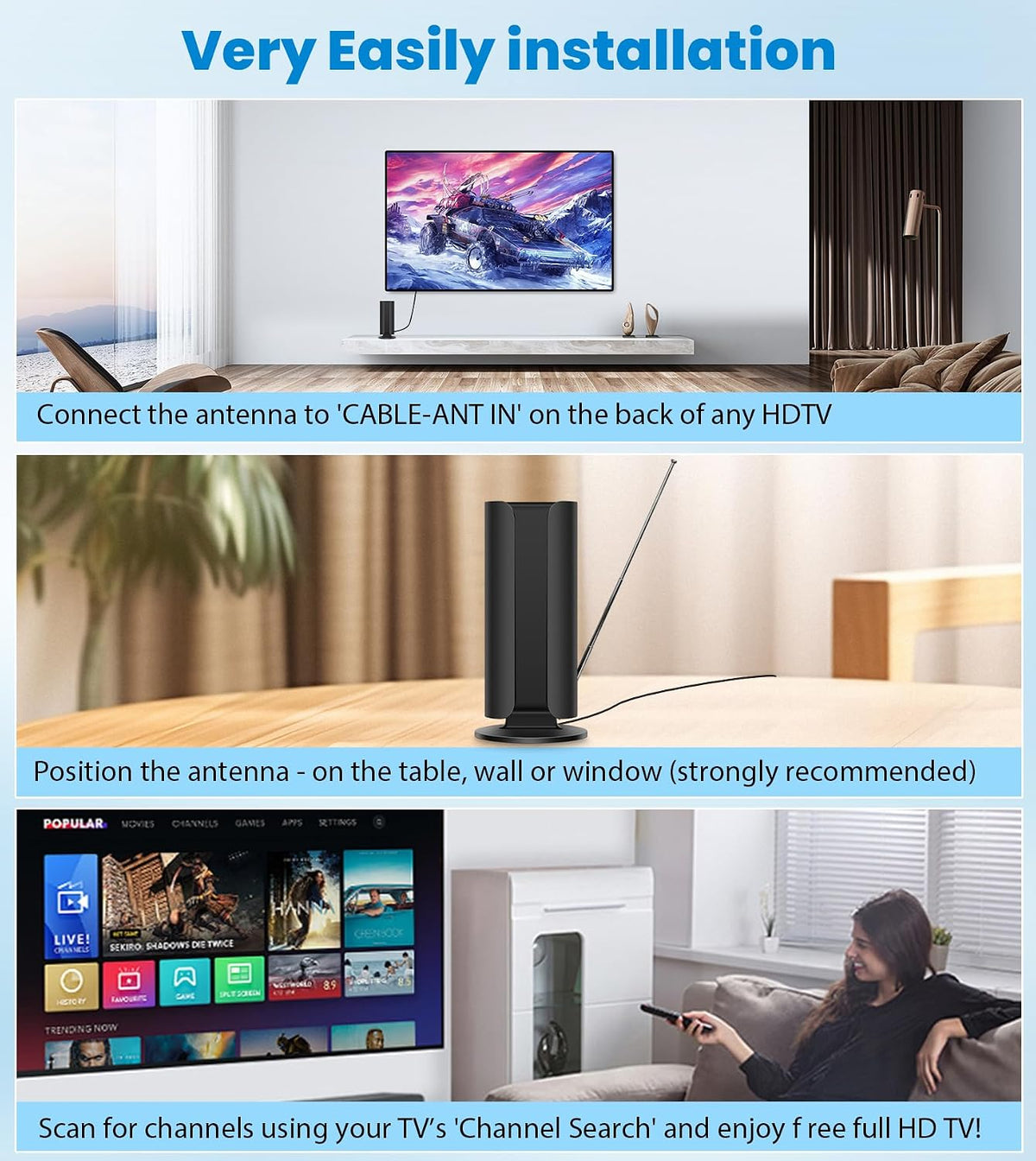 Antena de TV 2026 para Smart TV, rango de más de 5000 millas, antena de TV digital HD más fuerte para interiores con amplificador de señal Booster, diseño impermeable, soporte 8K 4K 1080p 360°