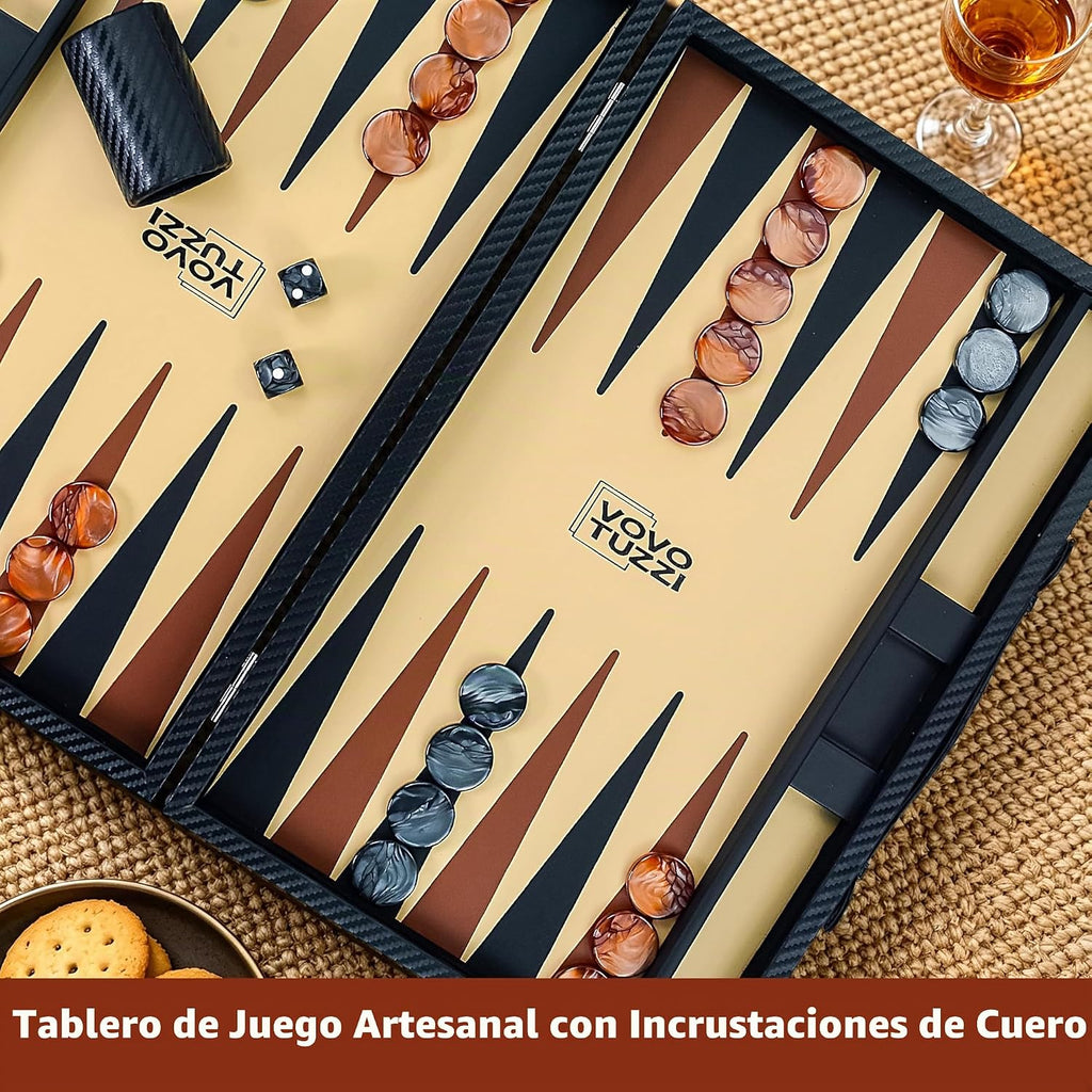 Juego de backgammon de 15 pulgadas para adultos, de fibra de carbono de alta calidad, de piel sintética, plegable, juego de mesa clásico de viaje portátil para fiestas familiares, entretenimiento al aire libre