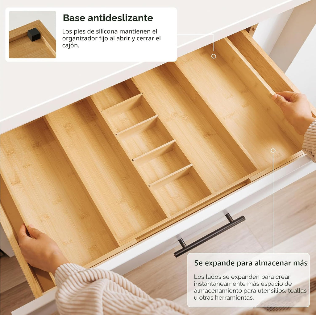Organizador de cajones de cocina ajustable para utensilios y basura, expandible a 28 pulgadas de ancho, 9 compartimentos, 100% bambú