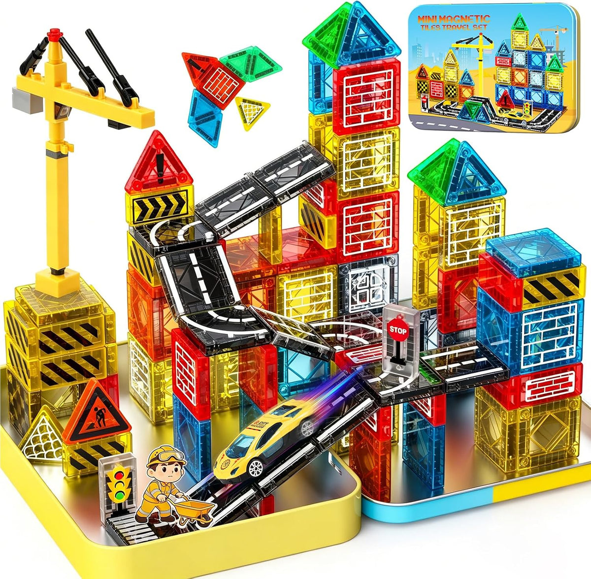 Azulejos magnéticos: juguetes de construcción, juego de viaje al aire libre con grúa magnética y automóvil para niños de 3 a 5 años, 4 a 8 a 10 años, minibloques de construcción magnéticos con grúa