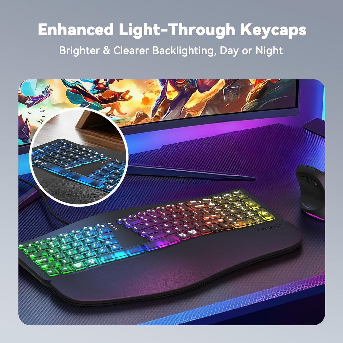 MEETION Teclado ergonómico con cable con teclas retroiluminadas y