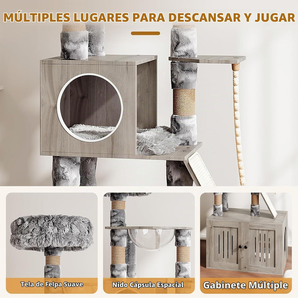 Garvee Caja de arena para gatos con torre de árbol para gatos y condominio, muebles ocultos para baño para gatos con poste rascador de sisal y percha de felpa suave, muebles de madera para gatos con múltiples plataformas