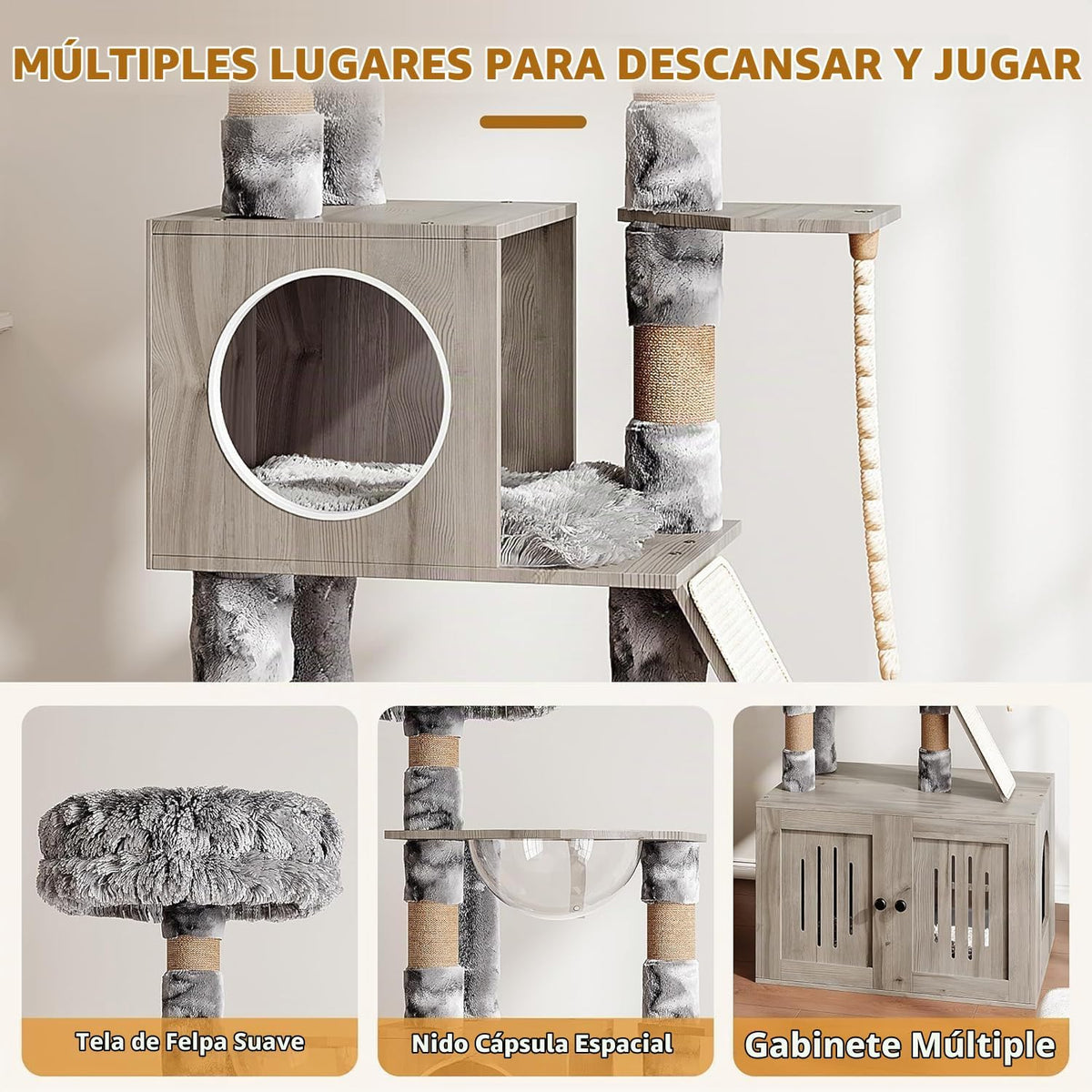 Garvee Caja de arena para gatos con torre de árbol para gatos y condominio, muebles ocultos para baño para gatos con poste rascador de sisal y percha de felpa suave, muebles de madera para gatos con múltiples plataformas