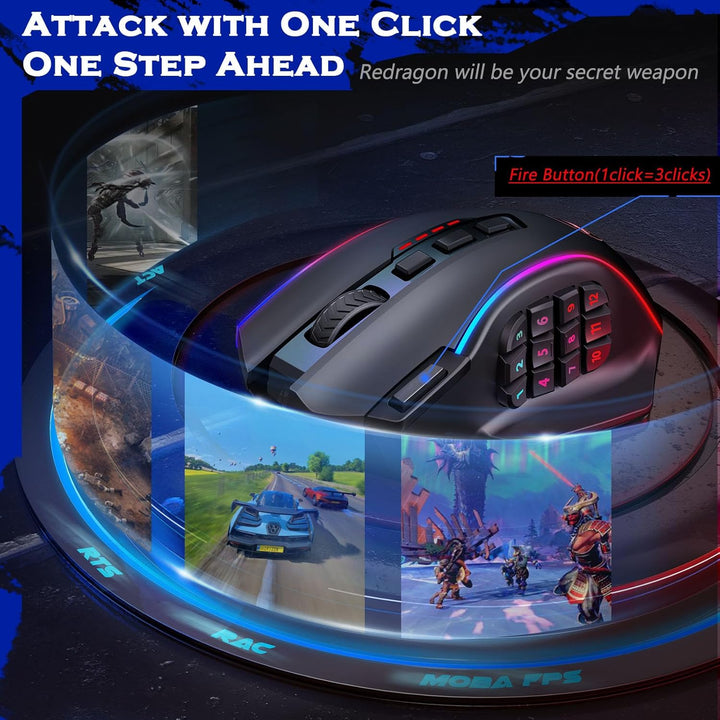 Redragon Ratón inalámbrico para juegos, ratón MMO para juegos con h...