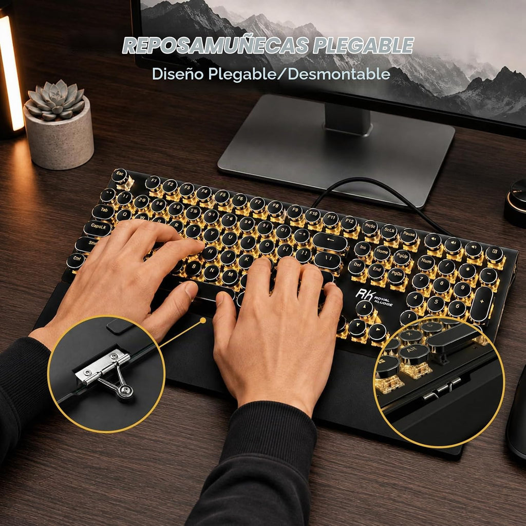 RK ROYAL KLUDGE S108 - Teclado mecánico de máquina de escribir, teclado para juegos con cable con teclado numérico, teclados retro de tamaño completo con reposamuñecas desmontable para Mac/Win/PC