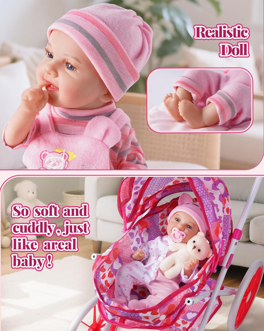 BABESIDE Cochecito de muñeca y accesorios Muñeca de bebé