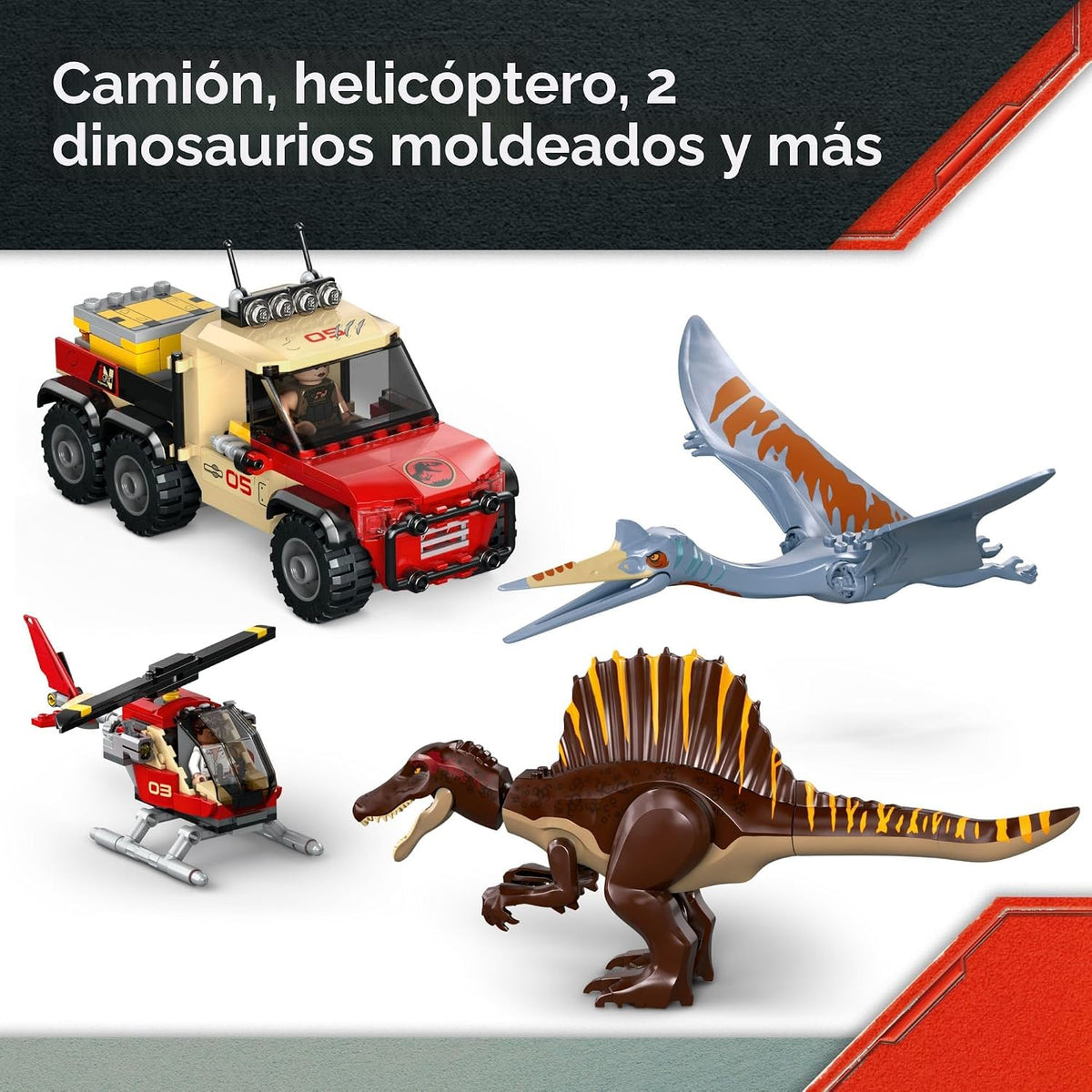 LEGO Jurassic World Spinosaurus & Quetzalcoatlus Air Mission - Juguete de dinosaurio para niños - Juguete de construcción de simulación con figuras de dinosaurio para niñas y niños, mayores de 8 años