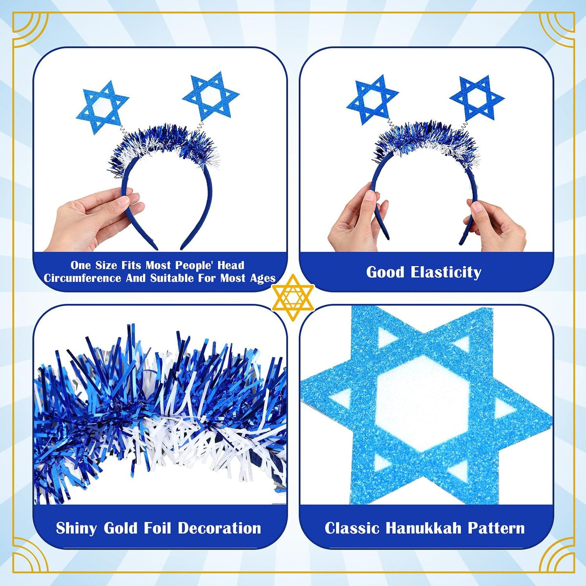 Lyrow 12 diademas de Hanukkah Boppers Janucá, diadema de fieltro de Menorá, estrella hexagonal Dreidel, regalos de fiesta de Hanukkah, 12 unidades