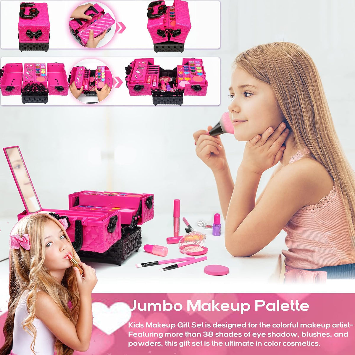 Kit de maquillaje para niñas – 52 piezas de maquillaje seguro y lavable para niños, kit de maquillaje real para niñas, kit de maquillaje para niñas con estuche de cosméticos, juguetes para niñas de 4