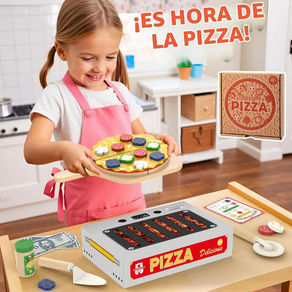 WOODMAM Juego de juguetes de pizza, comida realista Montessori con caja de