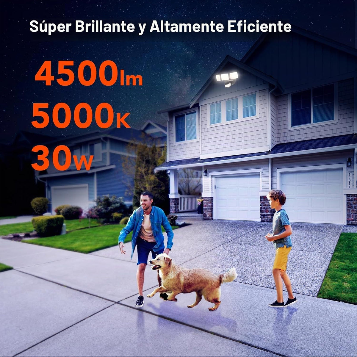 OREiN Luz de inundación para exteriores con sensor de movimiento de 4500 lm para seguridad del hogar, brillante sin deslumbramiento, rango de 180° de gran angular de 50 pies