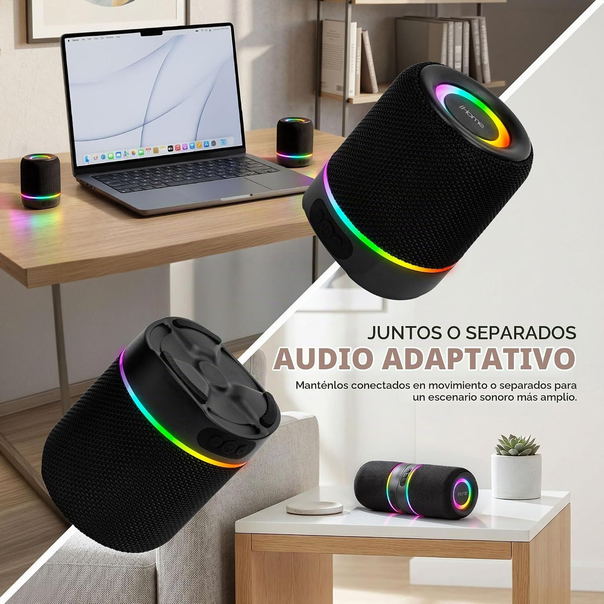 iHome Altavoz Bluetooth inalámbrico portátil 2 en 1 con luces RGB