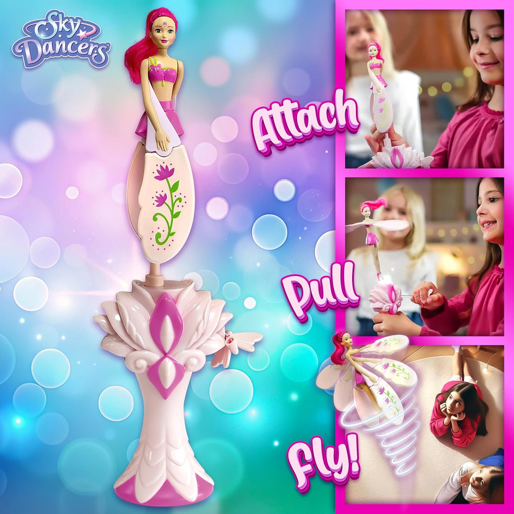 Sky Dancers Muñeca voladora, juguete de tirar, sin baterías, fantasía fucsia