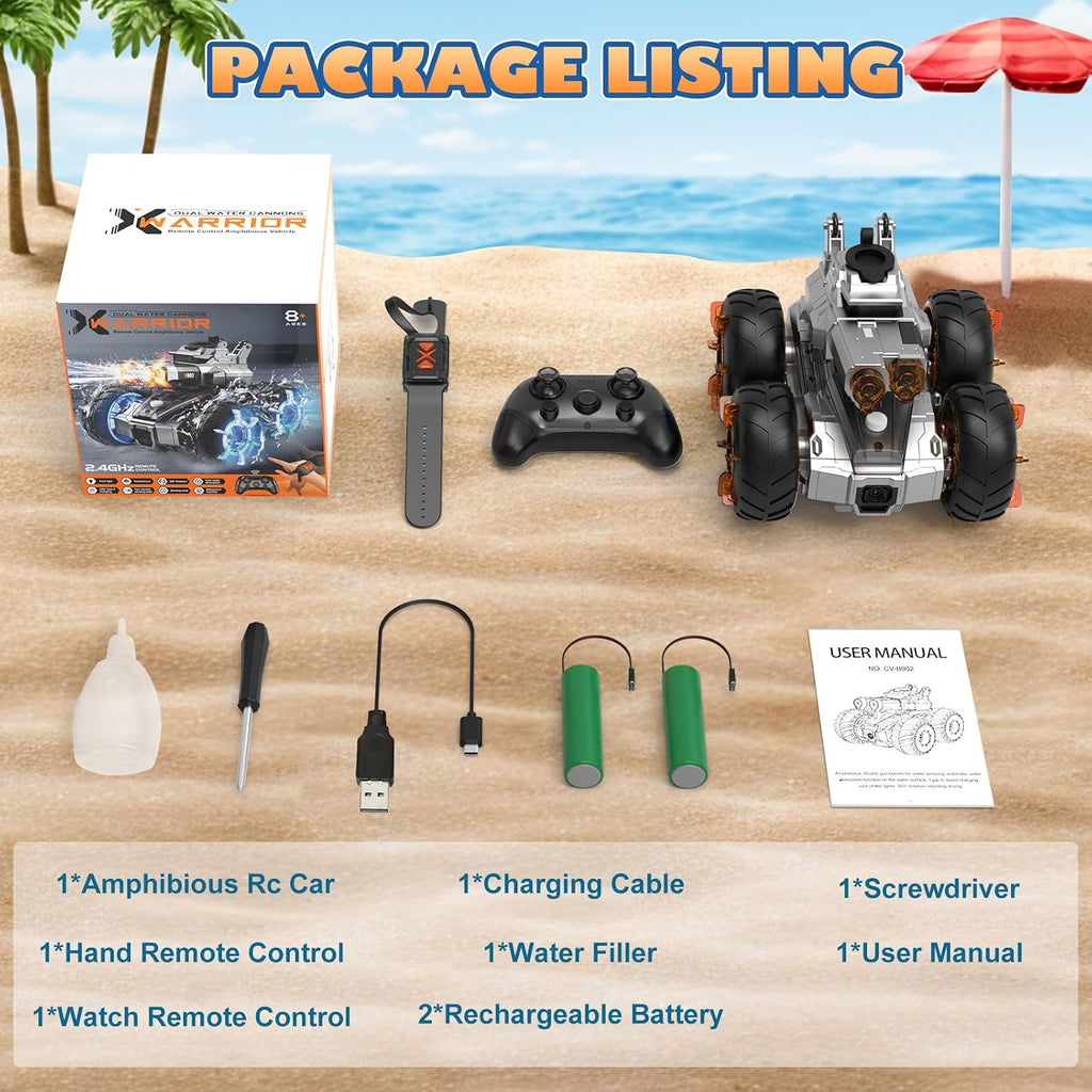 Auto RC anfibio con pistola de agua, juguetes de piscina de agua de verano, vehículo de acrobacias a control remoto impermeable para niños a partir de 8 años, con detección de gestos, autos de