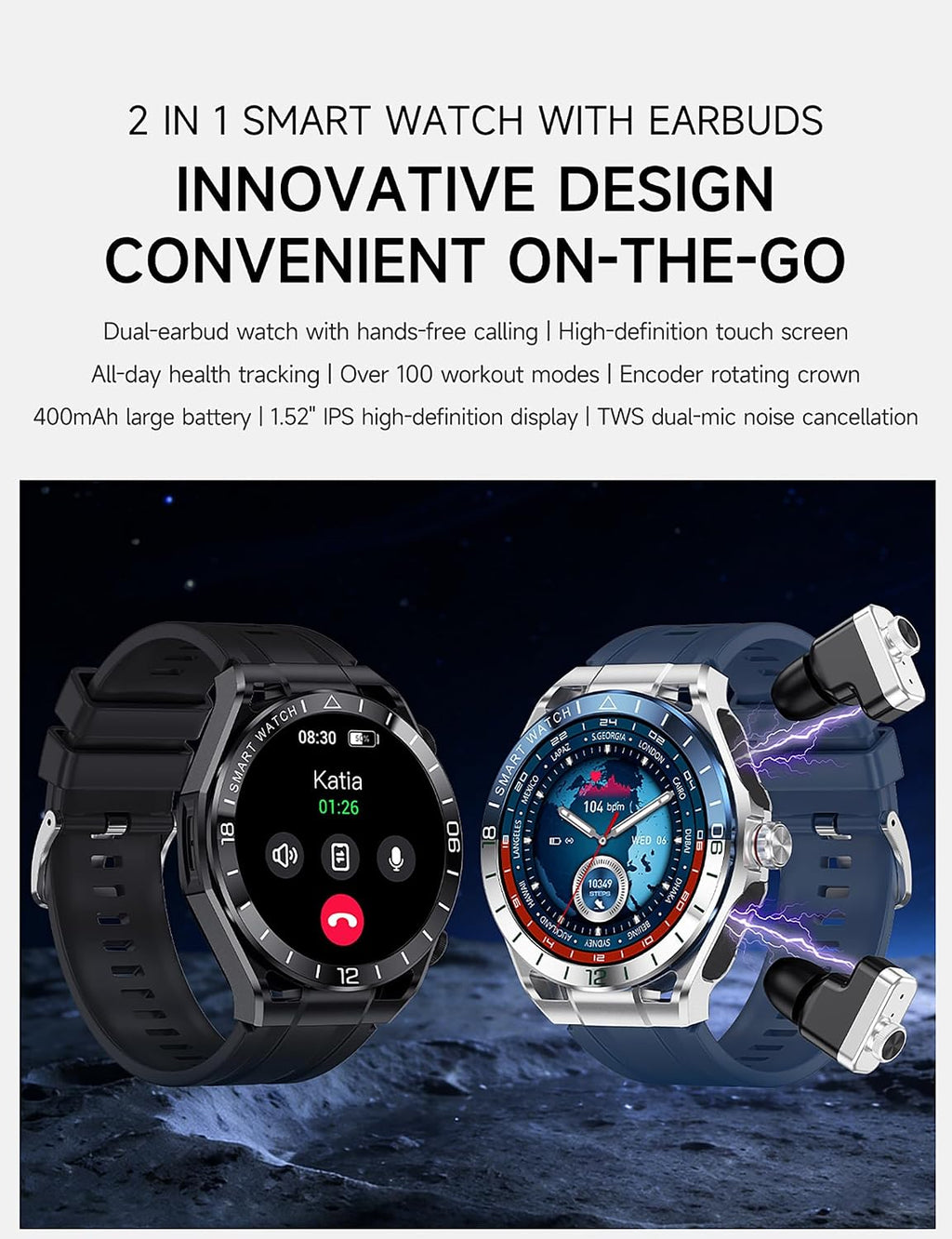 Reloj inteligente con auriculares, llamadas Bluetooth puede responder y hacer llamadas, rastreador de fitness deportivo con paso, material metálico, cuerpo ultrafino, efectos de sonido 9D, reloj deportivo