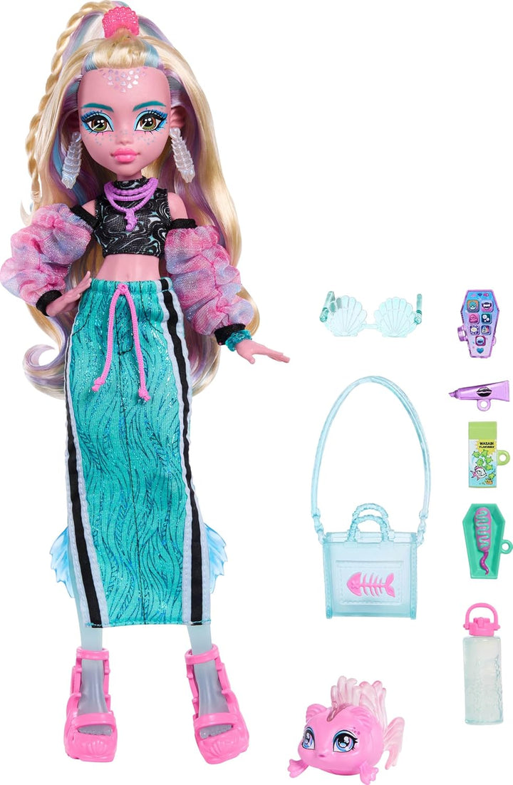 Muñeca Monster High, Lagoona Blue con top corto y falda maxi deport...
