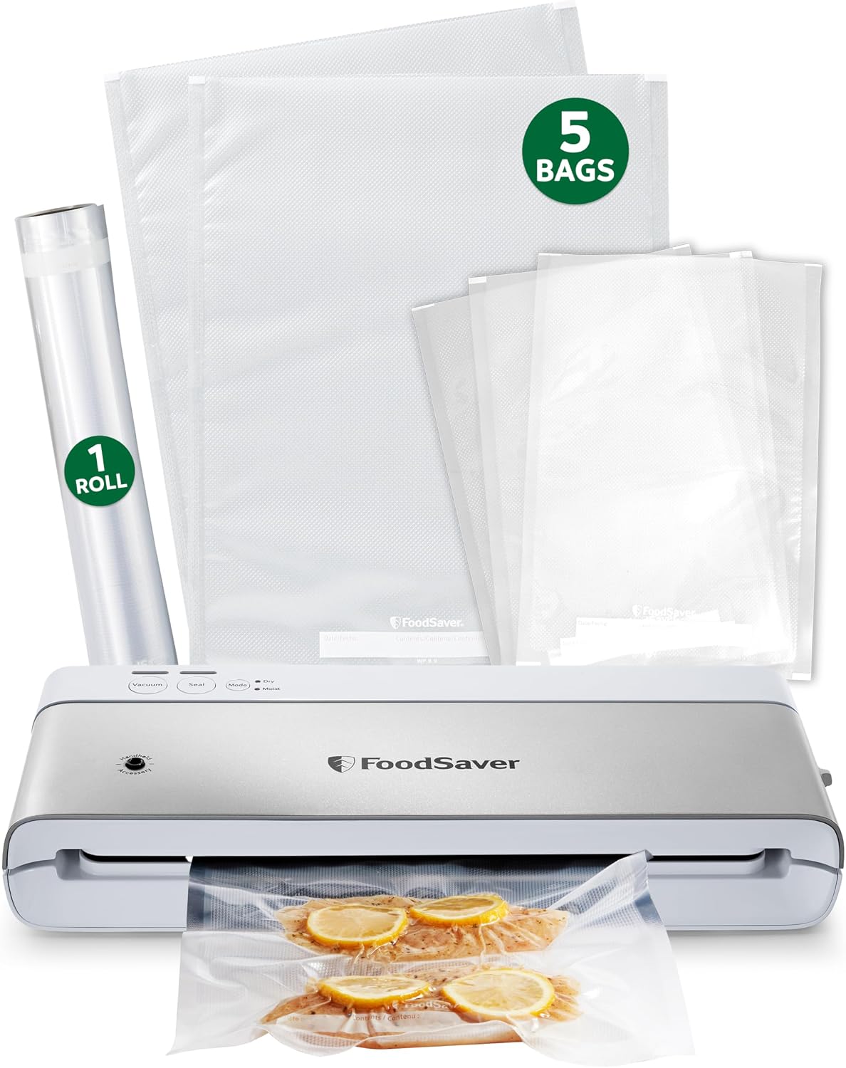 Máquina selladora al vacío compacta FoodSaver con bolsas herméticas y rollo - Ideal para Sous Vide y almacenamiento hermético de alimentos, blanco