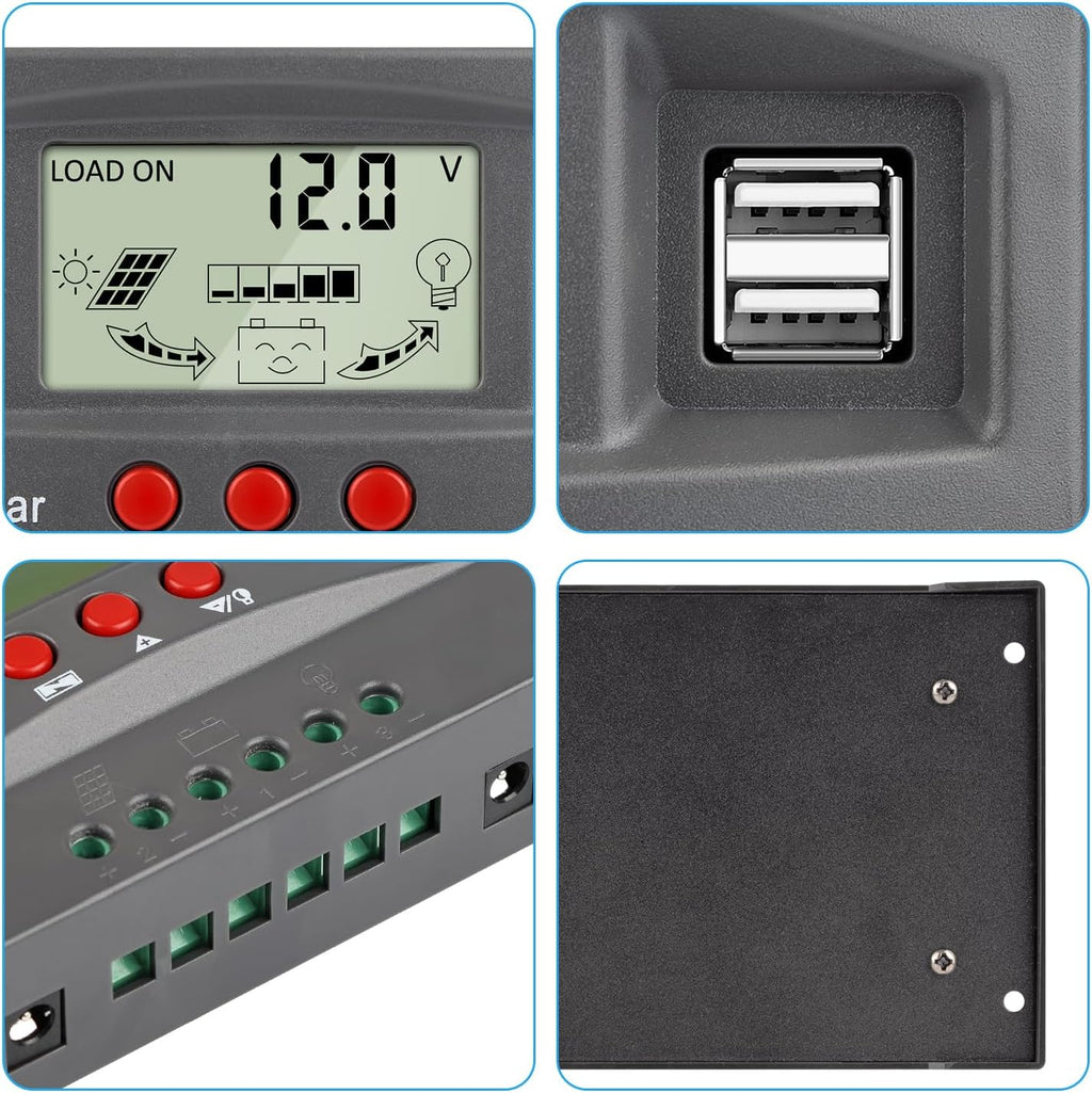 Controlador de carga de panel solar MPPT de 100 A, controlador de cargador de batería solar automático de 12 V/24 V con pantalla LCD, puerto USB dual y temporizador de ajuste de horas de