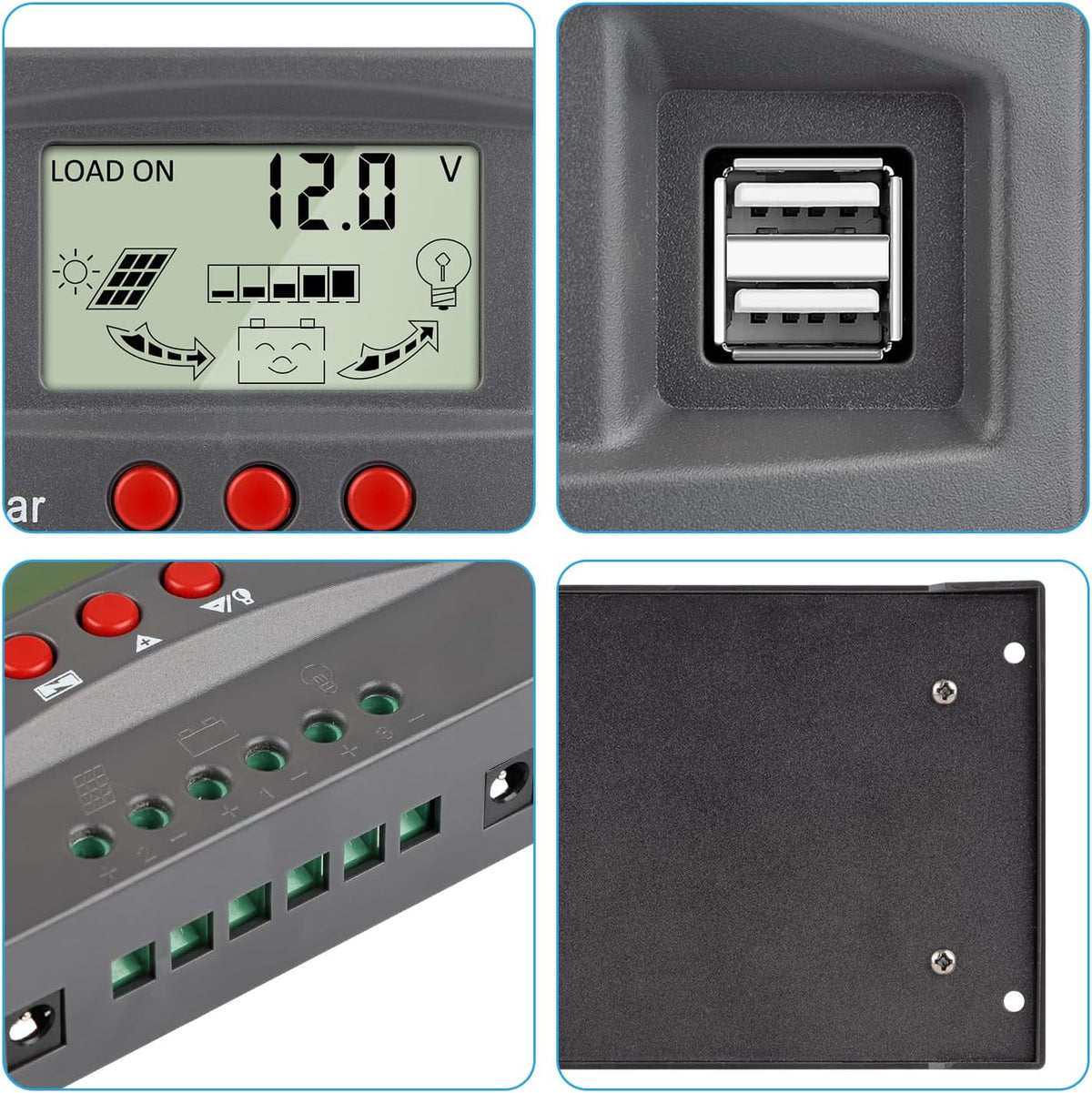 Controlador de carga de panel solar MPPT de 100 A, controlador de cargador de batería solar automático de 12 V/24 V con pantalla LCD, puerto USB dual y temporizador de ajuste de horas de