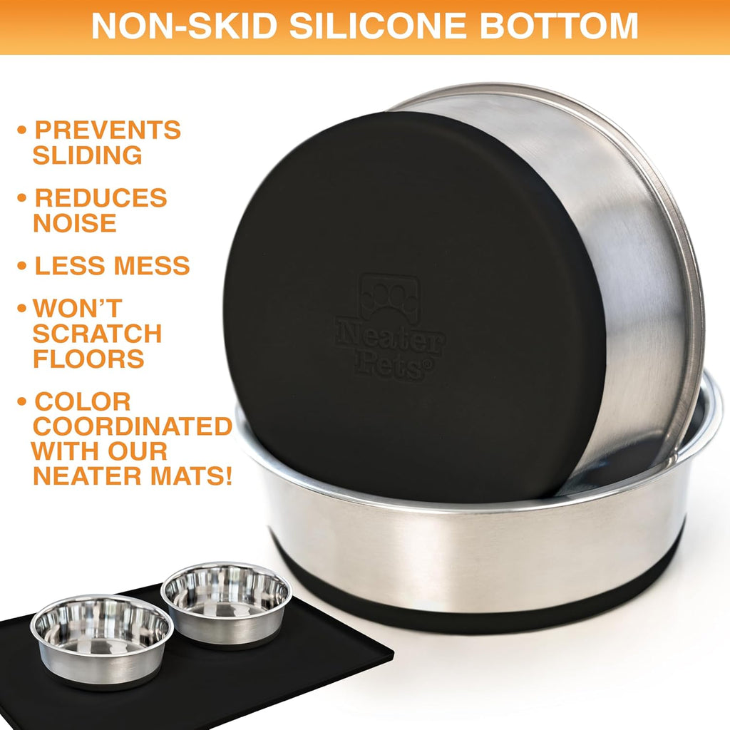 Neater Pet Brands Tazones de acero inoxidable para perros con parte inferior de goma antideslizante, juego de 2, 6 tazas (48 onzas), color negro, cuencos de metal resistente para perros, aptos para lavavajillas, tazón de comida o agua, ideal para perros