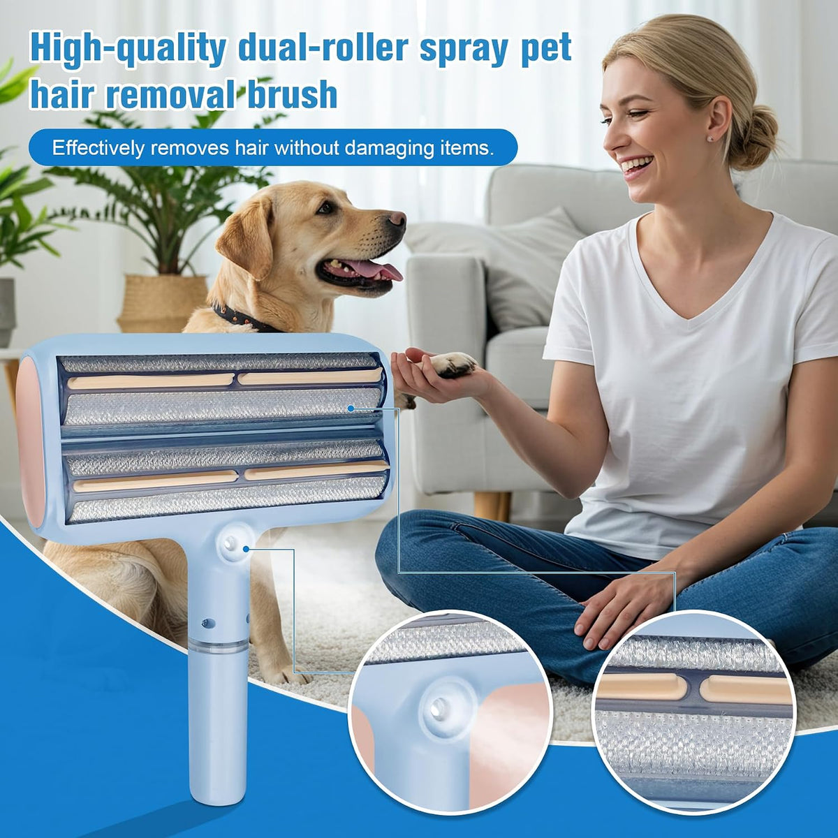 Rodillos para eliminar pelusas de mascotas extra pegajosos con spray de agua, herramienta de eliminación de pelo reutilizable 2 en 1 para muebles, sofá, alfombra, ropa de cama y ropa, incluye