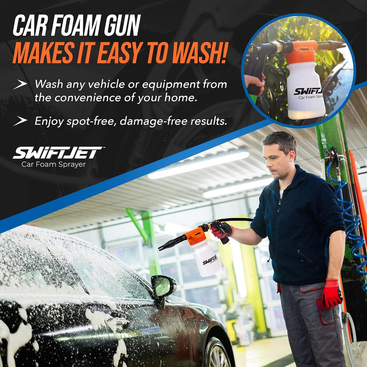 SwiftJet Pistola de espuma para lavado de autos + guante de lavado de microfibra, cañón de espuma que funciona con cualquier jabón, rociador de espuma para manguera de jardín, kit de lavado de autos, accesorios de automóvil (pistola de espuma naranja con