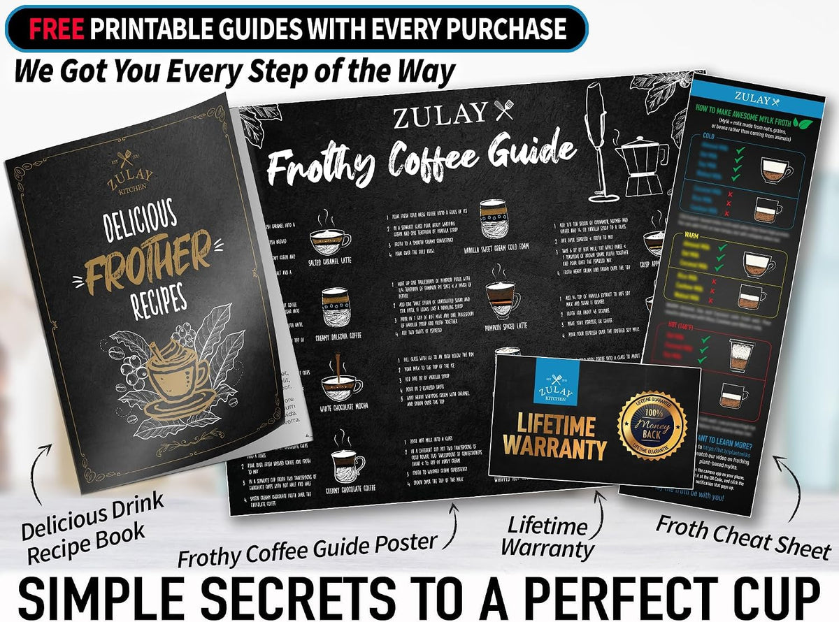 Zulay Kitchen Potente varita espumadora de leche con baterías Duracell - Mezclador de bebidas portátil ultrarrápido - Máquina de espuma eléctrica para café, lattes, capuchino y matcha, batidor triple
