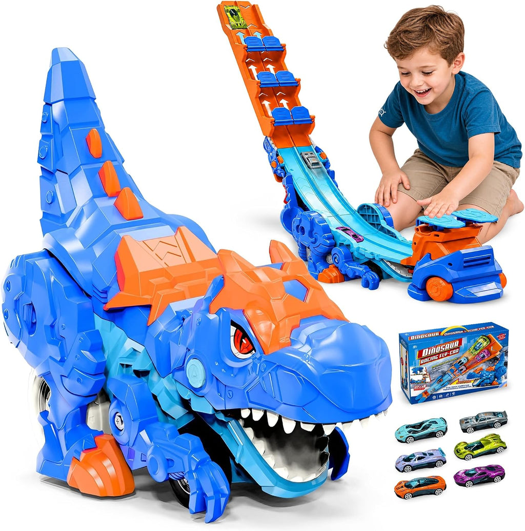Camión de dinosaurio 4 en 1 con 6 autos fundidos, camión de dinosaurio de transporte transformable con lanzadores de doble pista y pistas deslizantes plegables