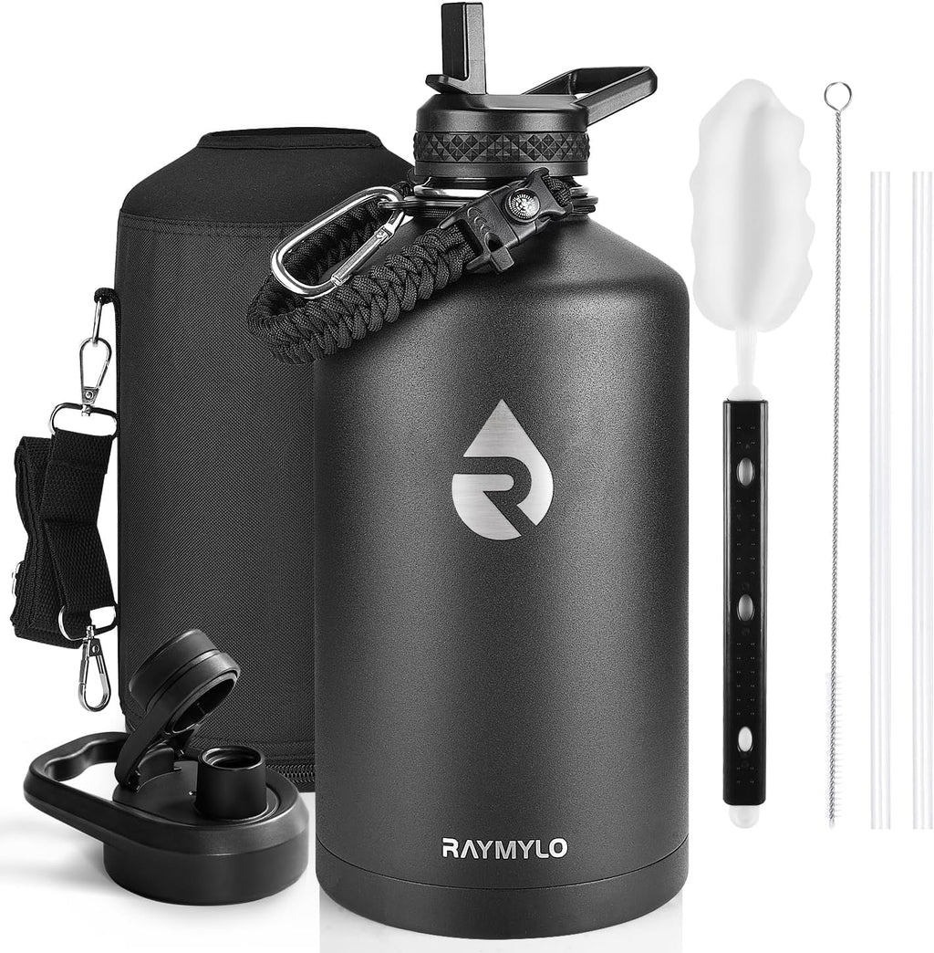 RAYMYLO Botella de agua de un galón de acero inoxidable con aislamiento al vacío de triple pared (fría por 48 horas), a prueba de fugas, sin BPA, con cuerda de paracaídas, tapa con boquilla y popote