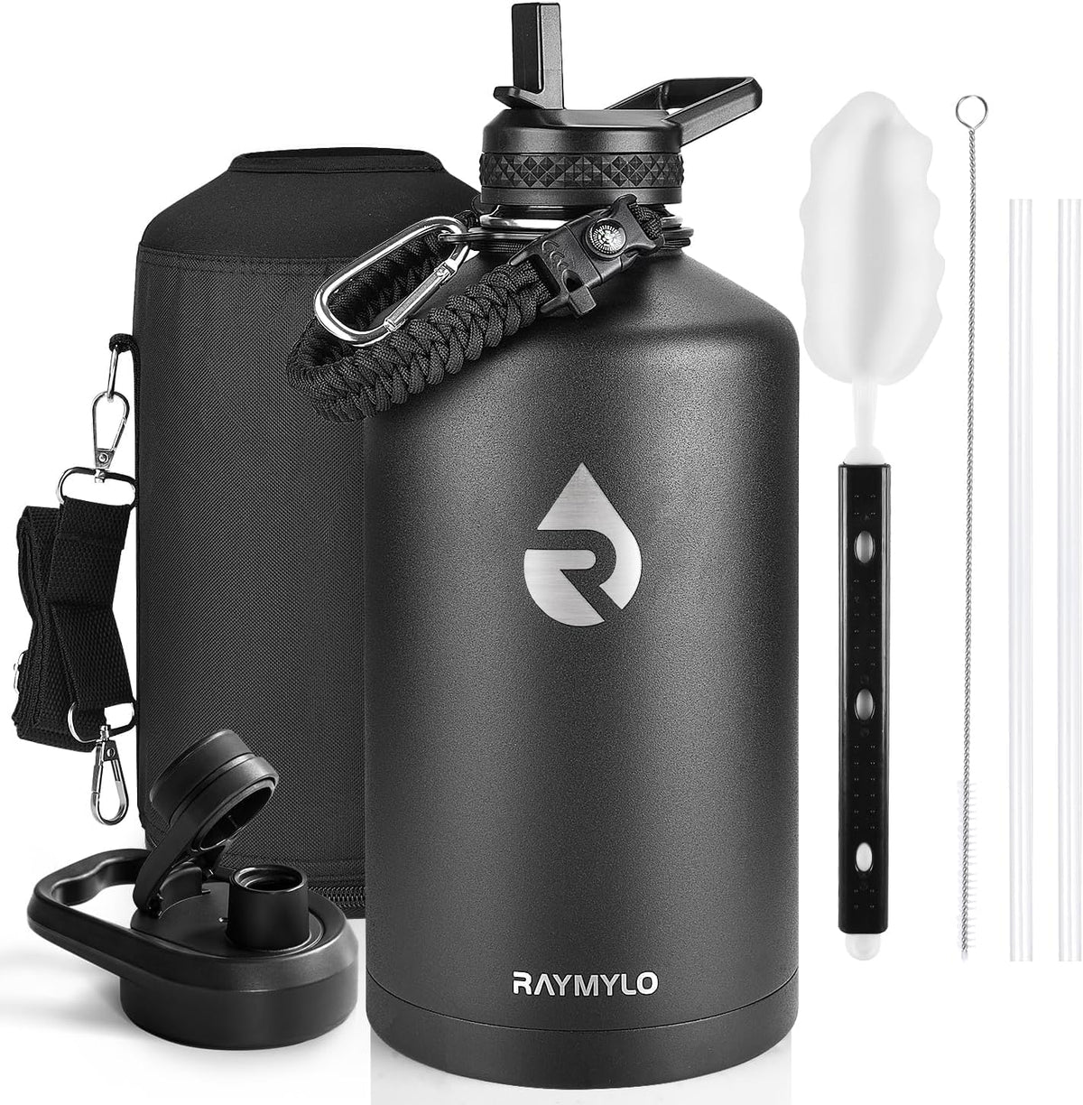 RAYMYLO Botella de agua de un galón de acero inoxidable con aislamiento al vacío de triple pared (fría por 48 horas), a prueba de fugas, sin BPA, con cuerda de paracaídas, tapa con boquilla y popote