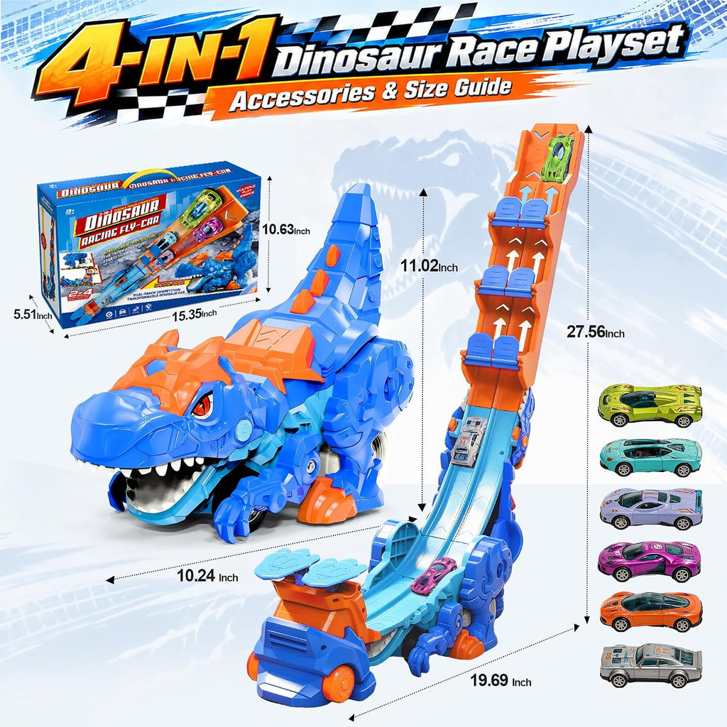 Camión de dinosaurio 4 en 1 con 6 autos fundidos, camión de dinosaurio de transporte transformable con lanzadores de doble pista y pistas deslizantes plegables
