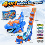 Camión de dinosaurio 4 en 1 con 6 autos fundidos, camión de dinosaurio de transporte transformable con lanzadores de doble pista y pistas deslizantes plegables