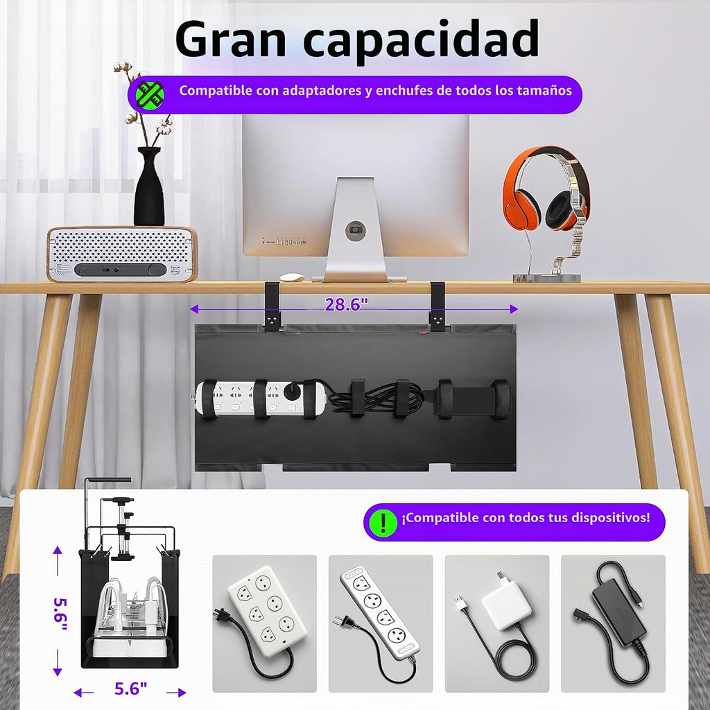 Bandeja de Gestión de Cables Bajo el Escritorio - Gestión de Cables Bajo el Escritorio - Montaje con Abrazadera/Tornillo - Gestión de Cables de Tela - Bandeja de Canaletas para Cables