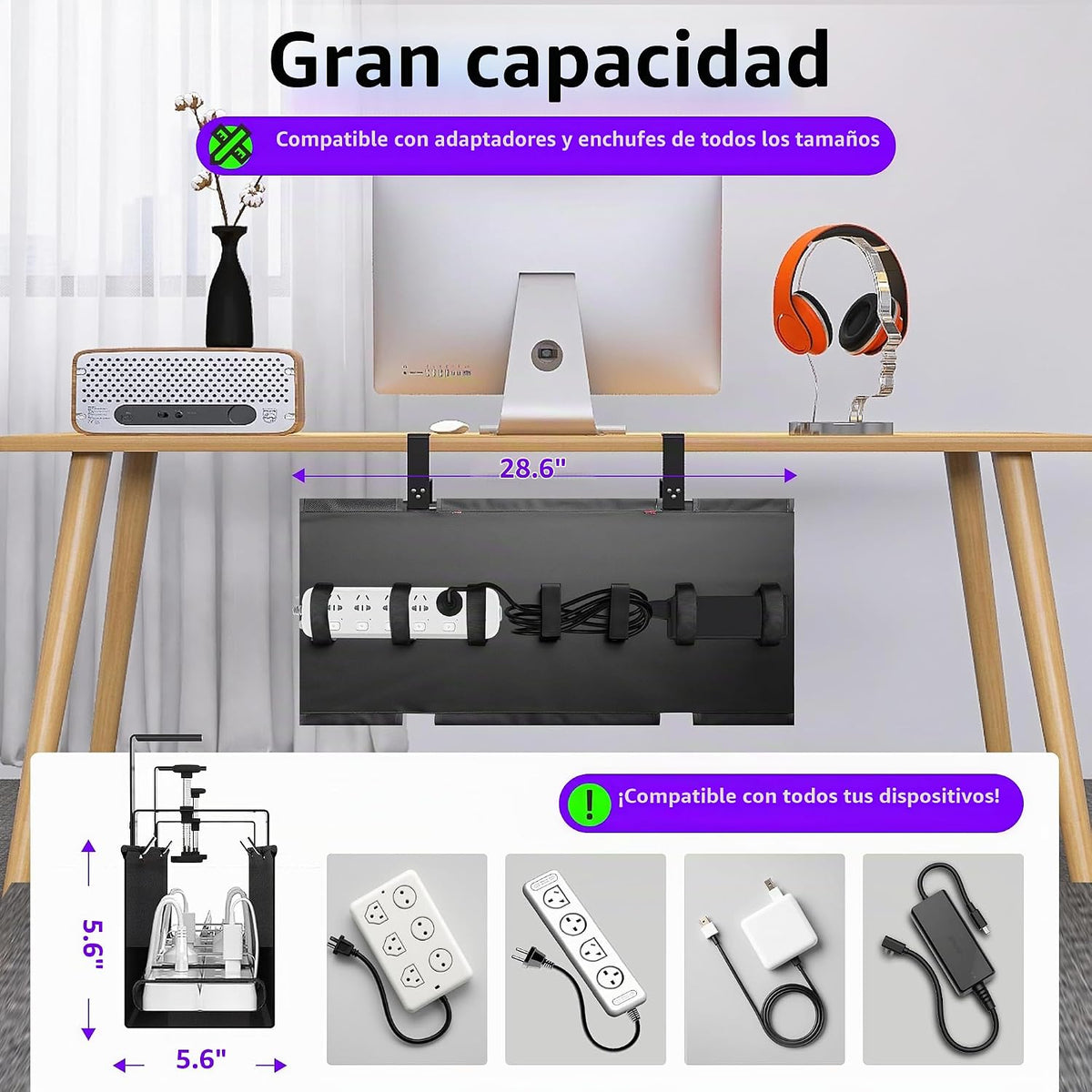 Bandeja de Gestión de Cables Bajo el Escritorio - Gestión de Cables Bajo el Escritorio - Montaje con Abrazadera/Tornillo - Gestión de Cables de Tela - Bandeja de Canaletas para Cables