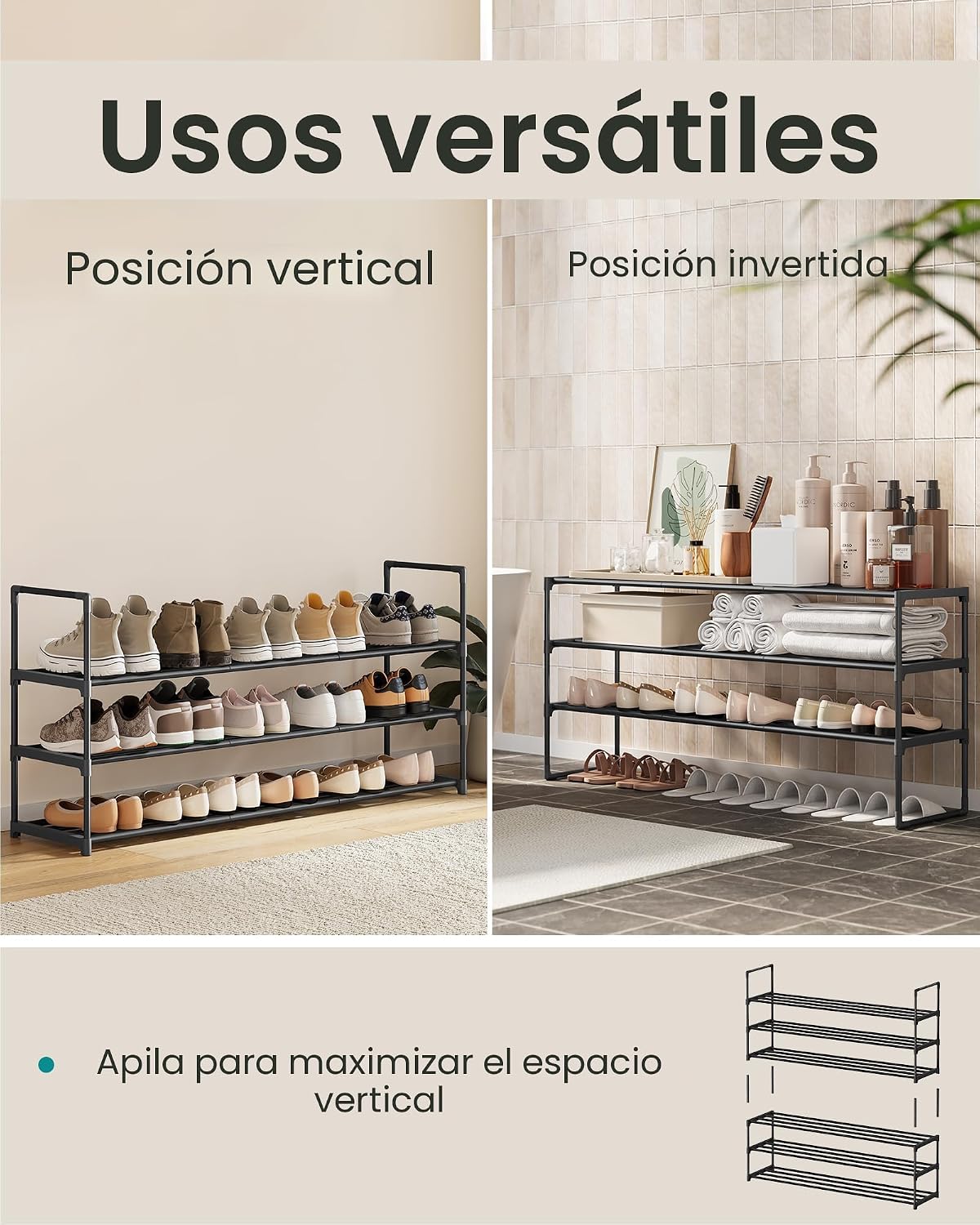 SONGMICS Zapatero, organizador de zapatos de 3 niveles, estante de almacenamiento de metal, vertical o al revés, para 20-24 pares, apilable, para entrada, 11.8 x 46.1 x 21.7 pulgadas, negro ULSA033B01