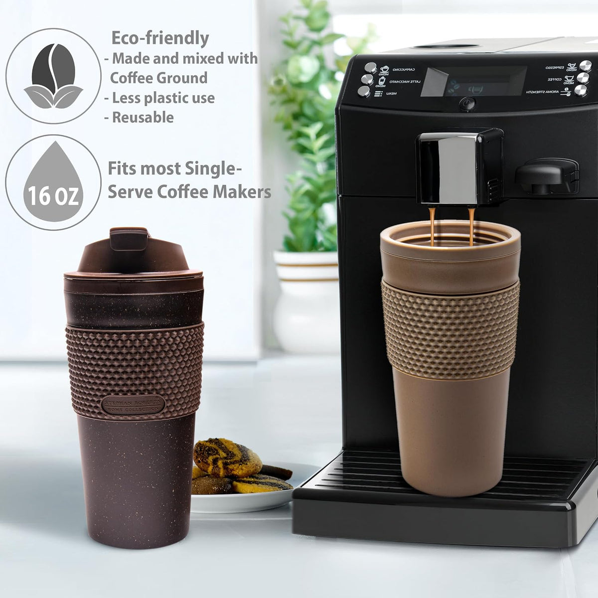Juego de vasos de café de 16 onzas (paquete de 2) – Taza de viaje aislada de doble pared con tapa a prueba de fugas, apto para portavasos y tazas, taza de café reutilizable sin BPA, apta para lavavajillas y microondas, color marrón