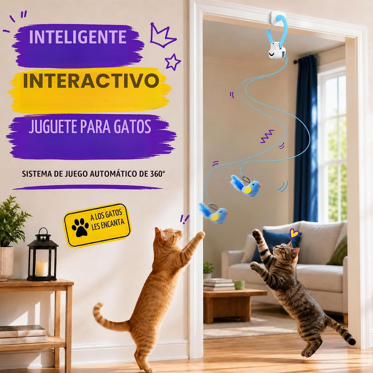 Juguetes interactivos para gatos de interior: varita de plumas de ave voladora automática, ejercicio de persecución, enriquecimiento, estimulación, colgante duradero seguro recargable por USB para