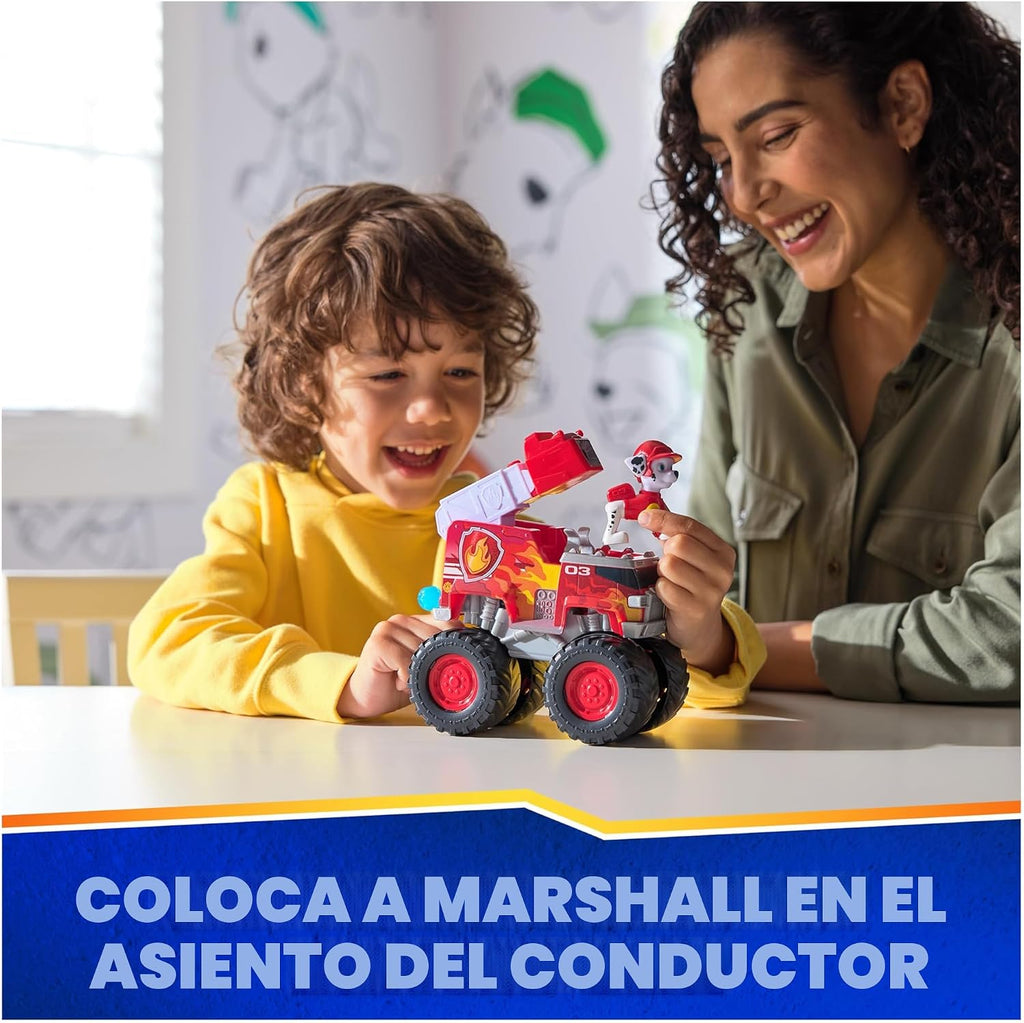 PAW Patrol: Rescue Wheels Marshall’s Firetruck, Camión de juguete con lanzador de proyectiles y figura de acción coleccionable, juguetes para niños y niñas de 3 años en adelante