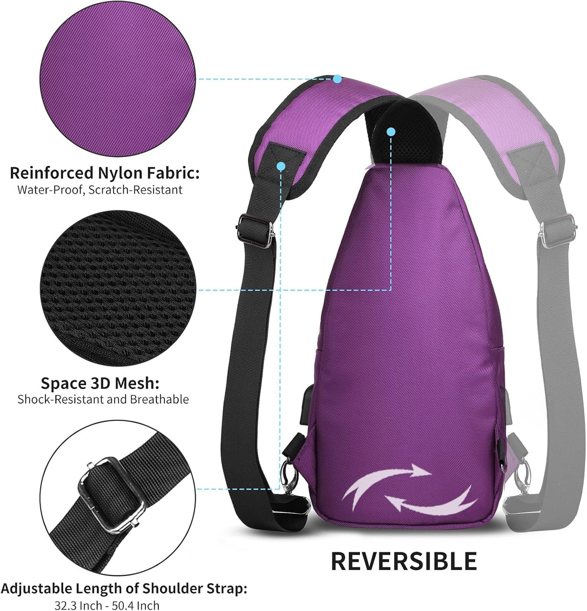 Bandolera cruzada para hombres y mujeres, mochila casual para el hombro, bolsa de pecho para senderismo y viajes (pequeña, púrpura)