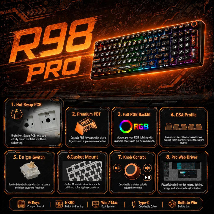 RK ROYAL KLUDGE R98 Pro Teclado mecánico con cable, teclado RGB par...