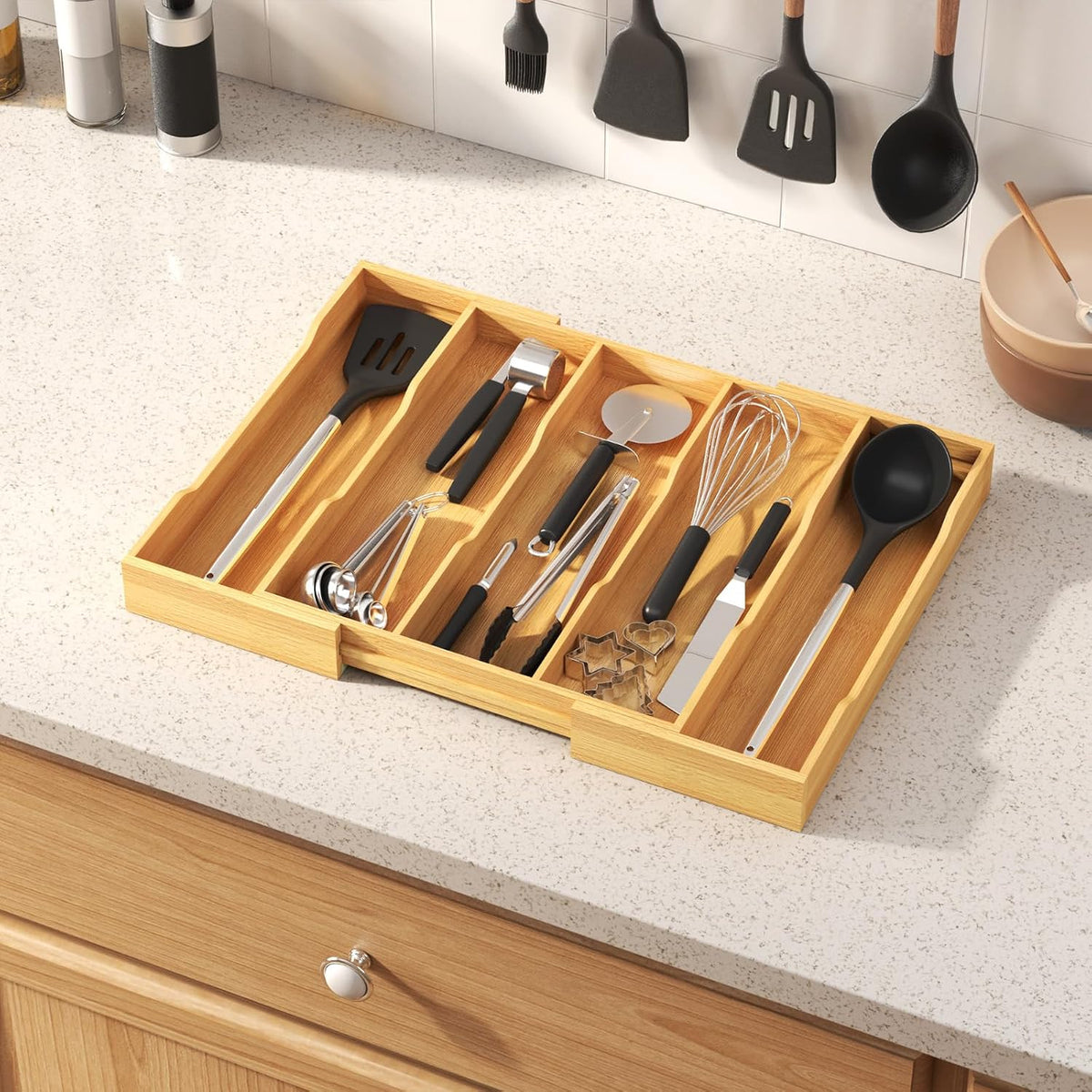 Lifewit Organizador de Utensilios de Bambú para Cajón de Cocina, Bandeja para Utensilios de Cocina
