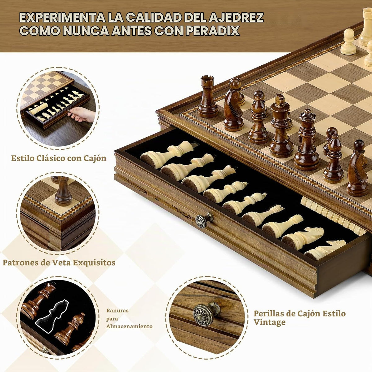 Peradix - Juego de ajedrez magnético y damas de 15 pulgadas con 2 cajones